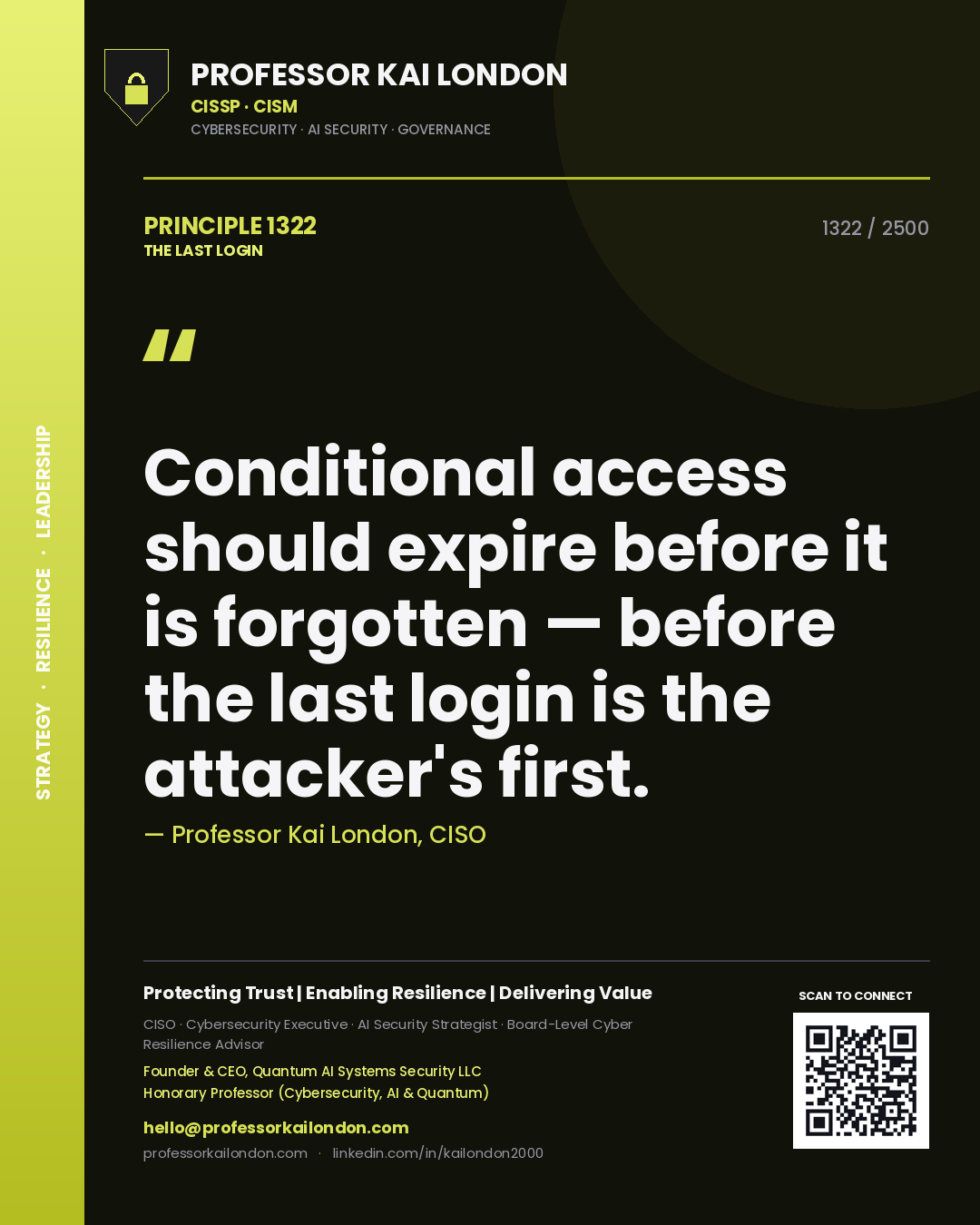 Professor Kai London principle 1322: Conditional access should expire before it is forgotten — before the last login is the attacker's first.