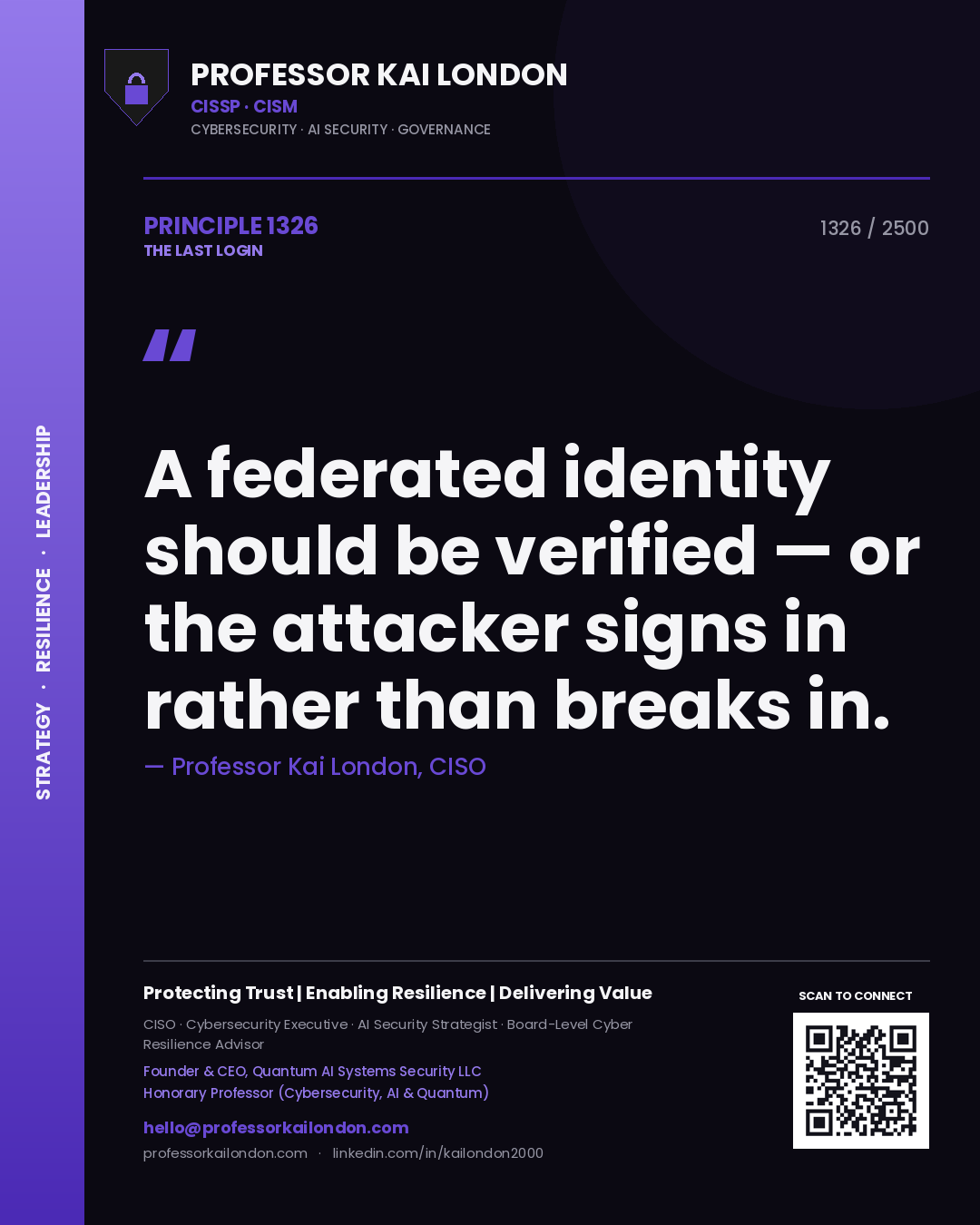 Professor Kai London principle 1326: A federated identity should be verified — or the attacker signs in rather than breaks in.