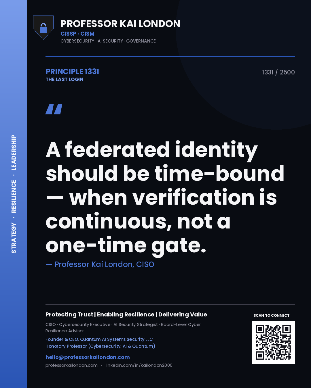 Professor Kai London principle 1331: A federated identity should be time-bound — when verification is continuous, not a one-time gate.