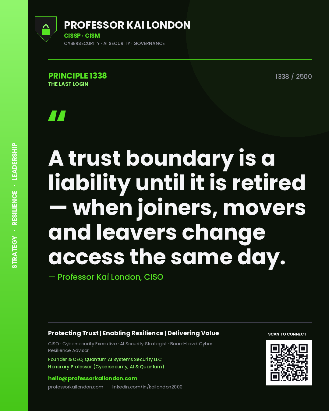 Professor Kai London principle 1338: A trust boundary is a liability until it is retired — when joiners, movers and leavers change access the same day.