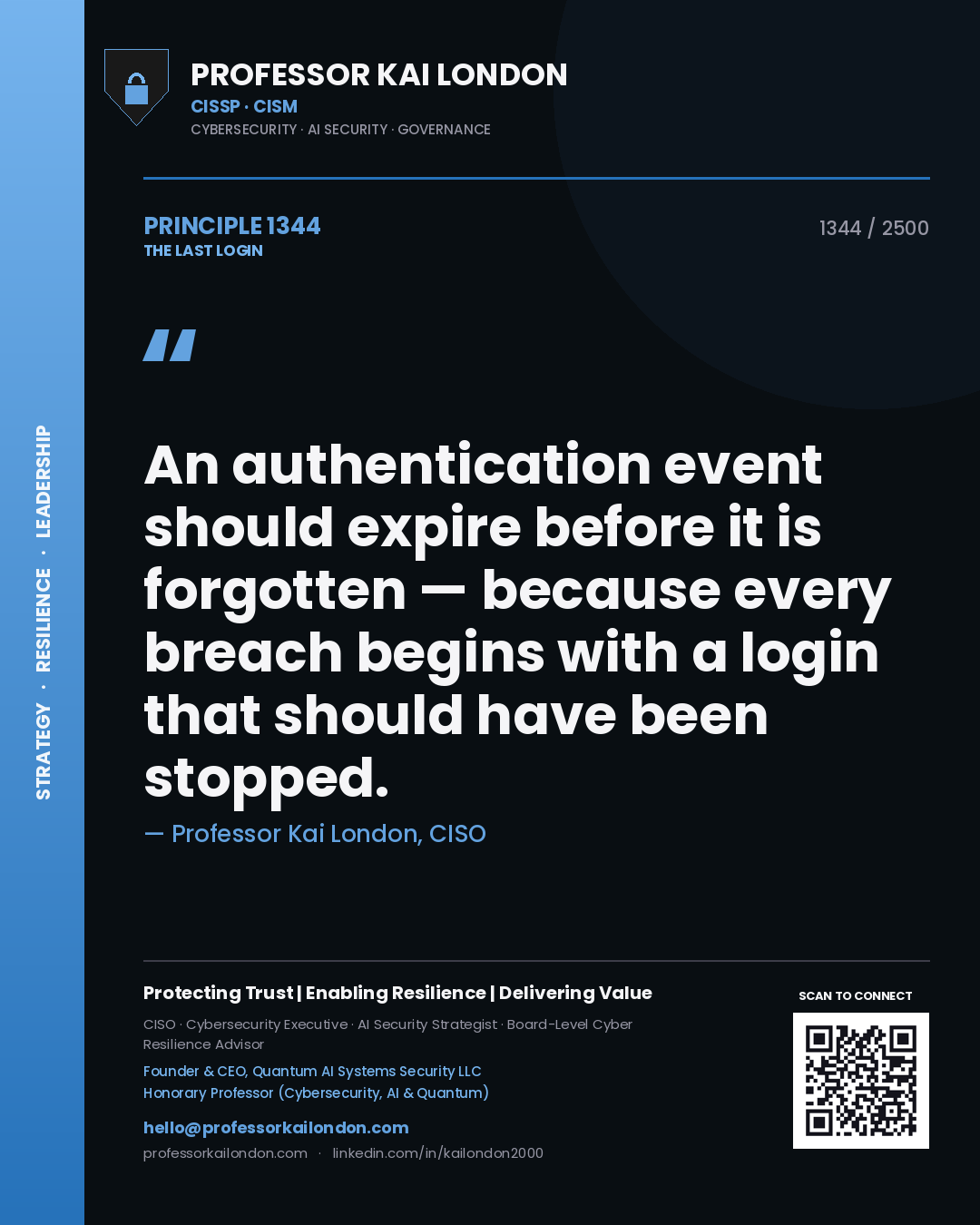 Professor Kai London principle 1344: An authentication event should expire before it is forgotten — because every breach begins with a login that should have been stopped.