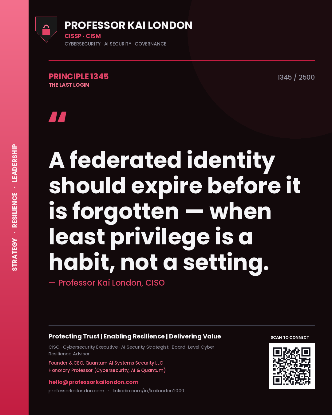 Professor Kai London principle 1345: A federated identity should expire before it is forgotten — when least privilege is a habit, not a setting.