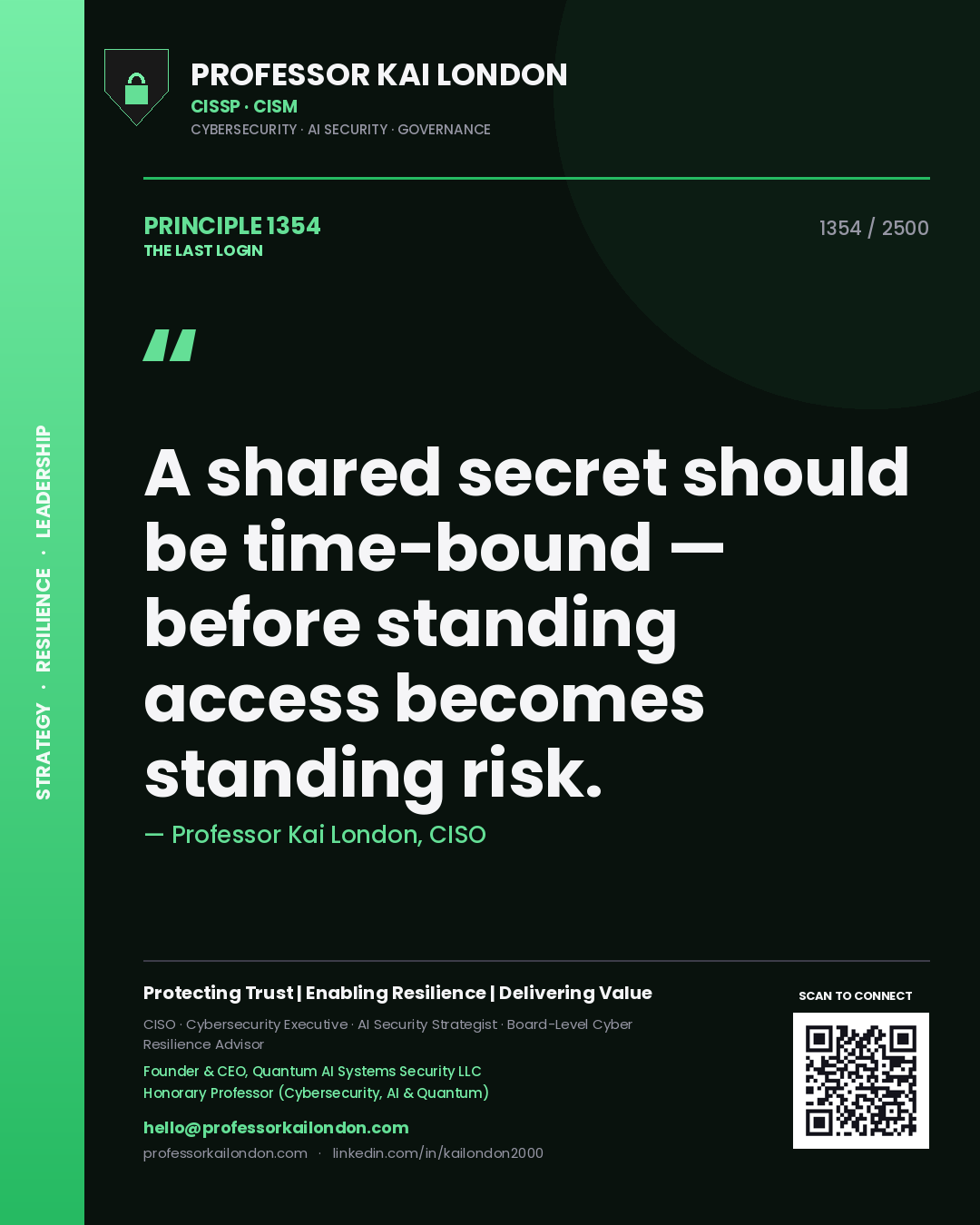Professor Kai London principle 1354: A shared secret should be time-bound — before standing access becomes standing risk.