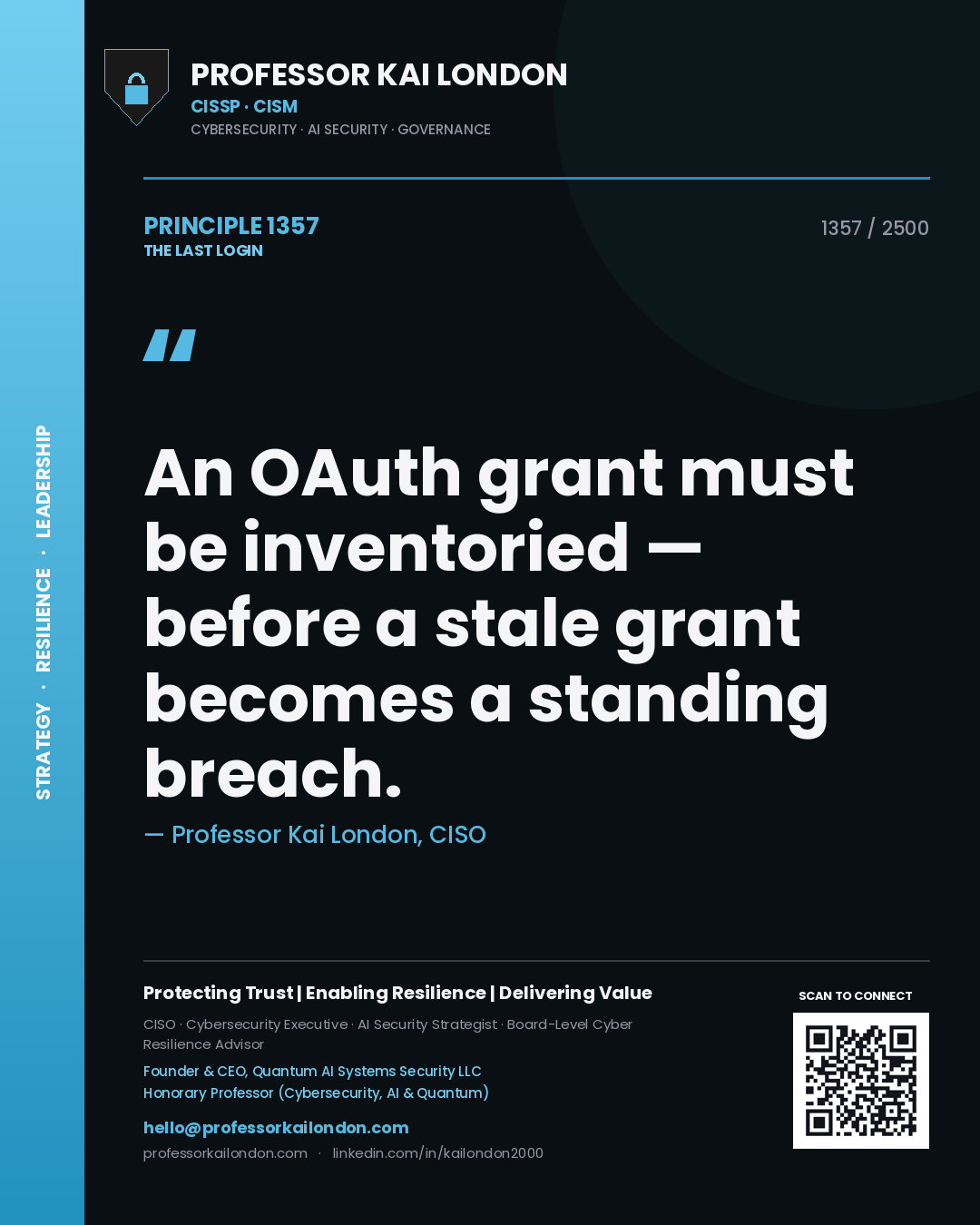 Professor Kai London principle 1357: An OAuth grant must be inventoried — before a stale grant becomes a standing breach.