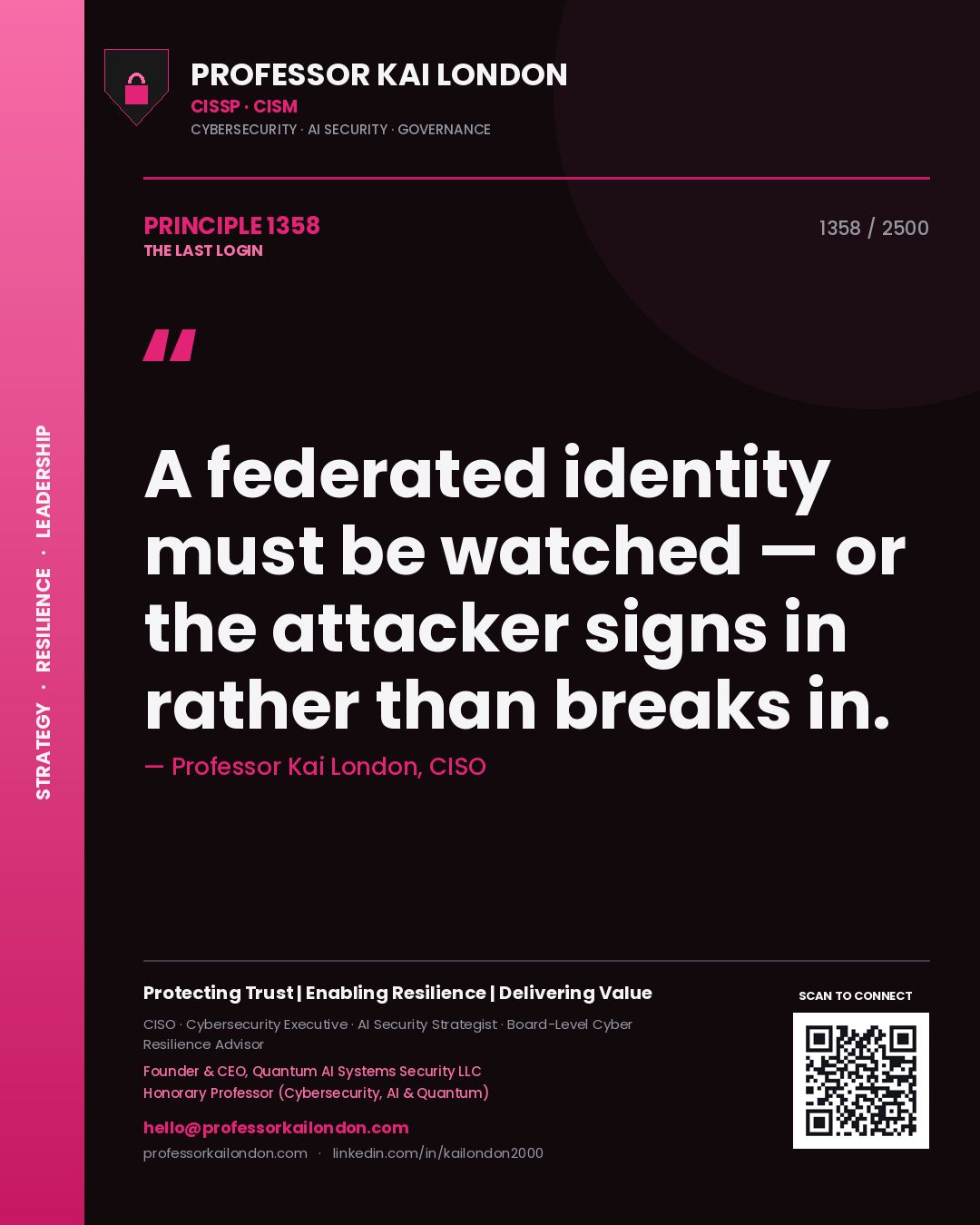 Professor Kai London principle 1358: A federated identity must be watched — or the attacker signs in rather than breaks in.