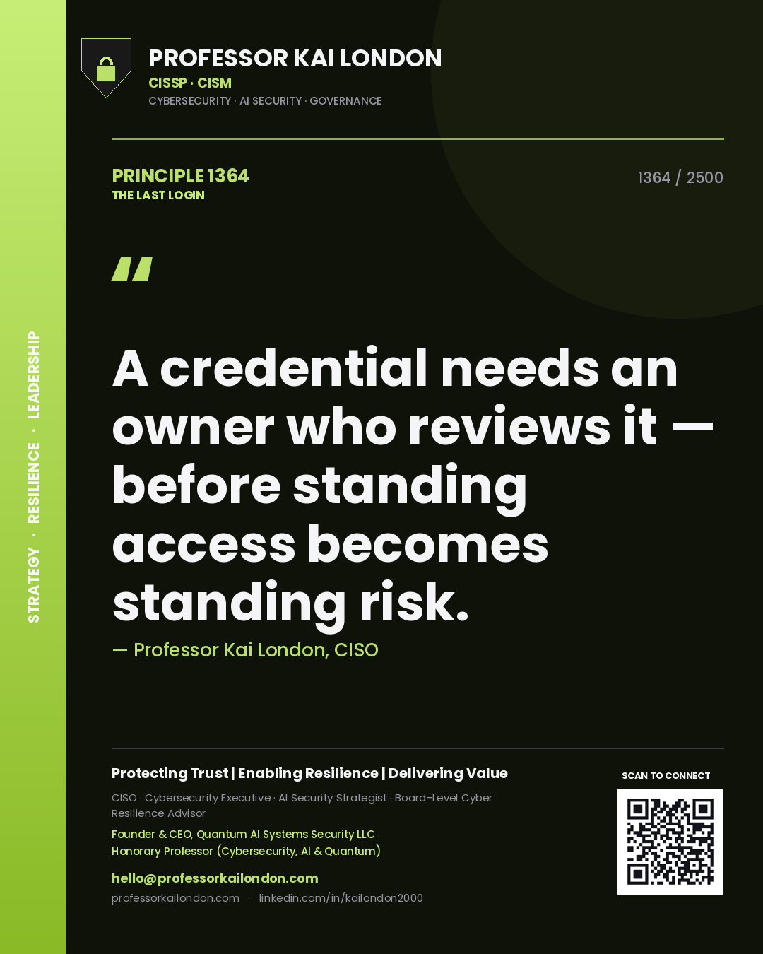 Professor Kai London principle 1364: A credential needs an owner who reviews it — before standing access becomes standing risk.