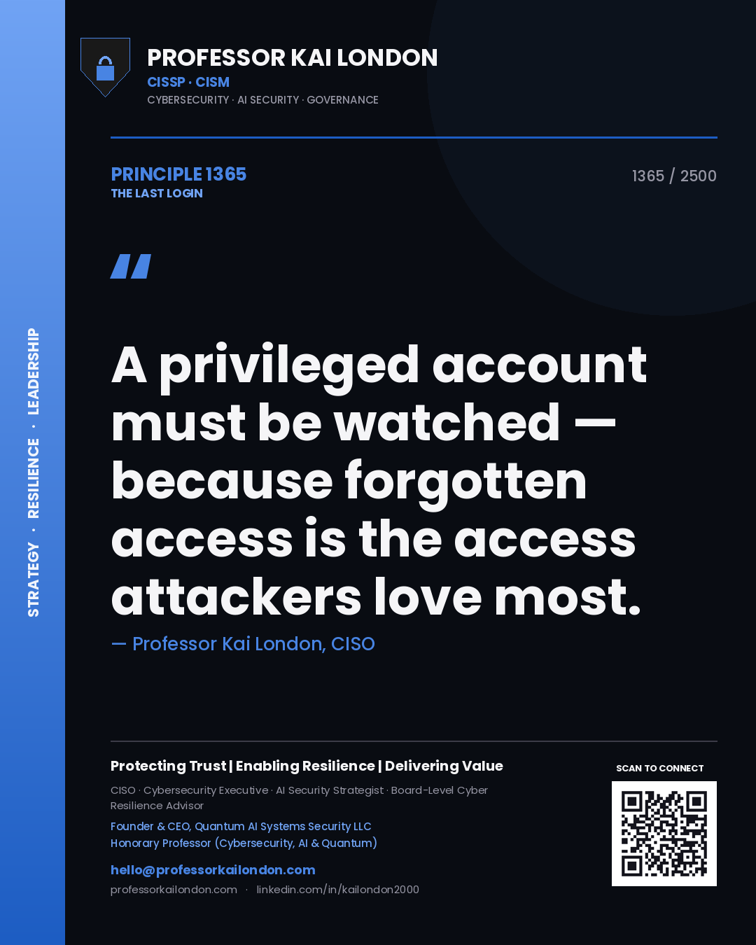 Professor Kai London principle 1365: A privileged account must be watched — because forgotten access is the access attackers love most.