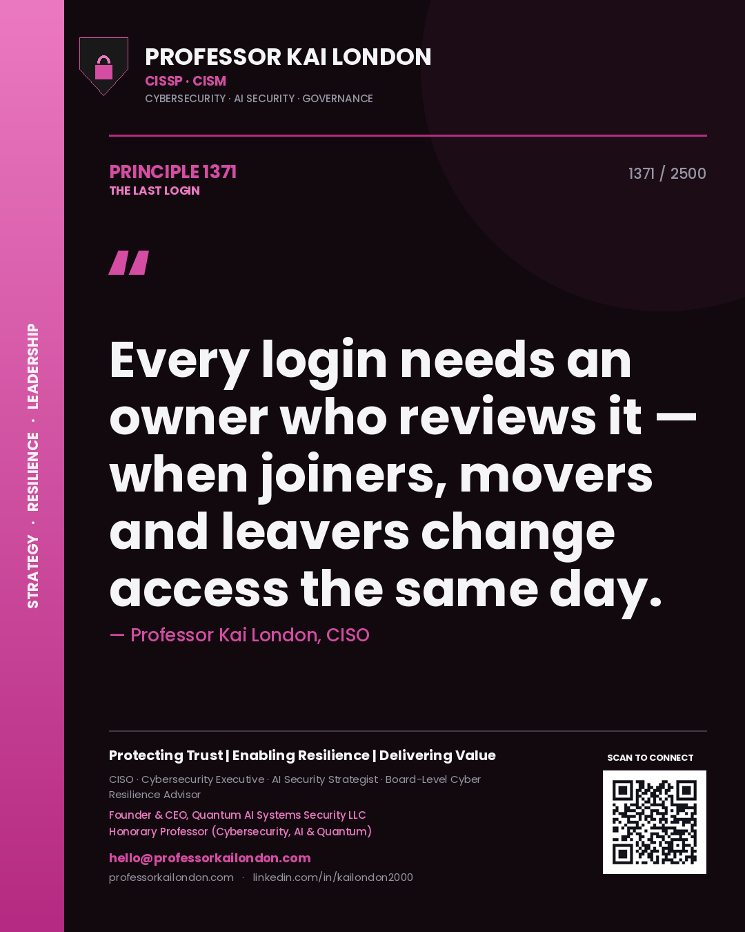Professor Kai London principle 1371: Every login needs an owner who reviews it — when joiners, movers and leavers change access the same day.