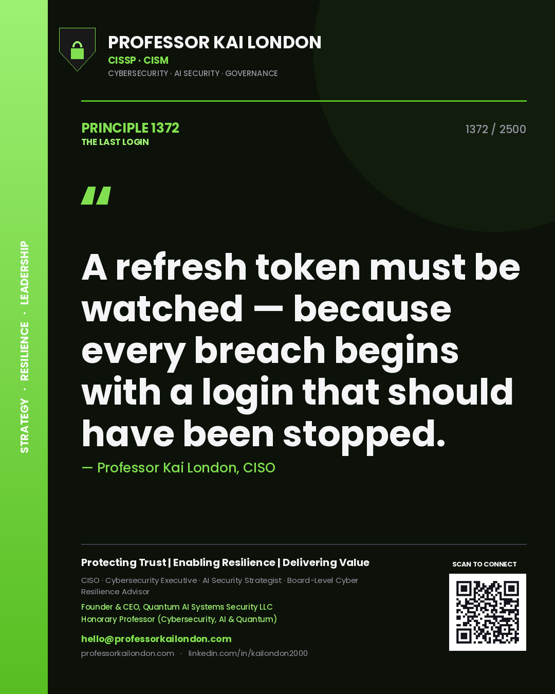 Professor Kai London principle 1372: A refresh token must be watched — because every breach begins with a login that should have been stopped.