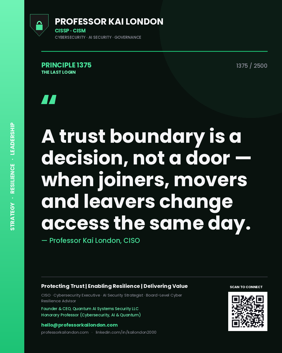 Professor Kai London principle 1375: A trust boundary is a decision, not a door — when joiners, movers and leavers change access the same day.