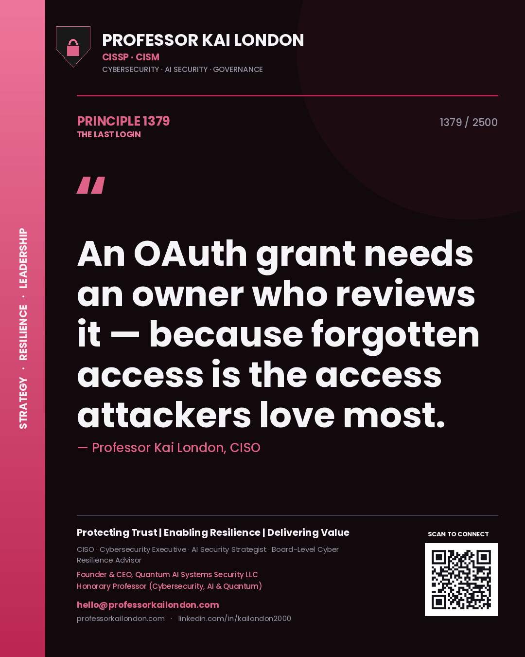 Professor Kai London principle 1379: An OAuth grant needs an owner who reviews it — because forgotten access is the access attackers love most.