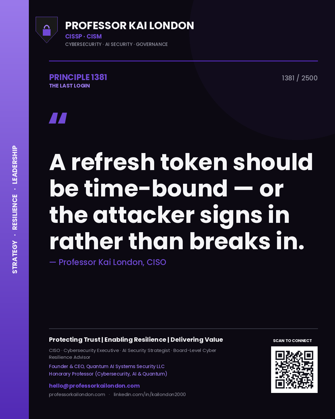 Professor Kai London principle 1381: A refresh token should be time-bound — or the attacker signs in rather than breaks in.