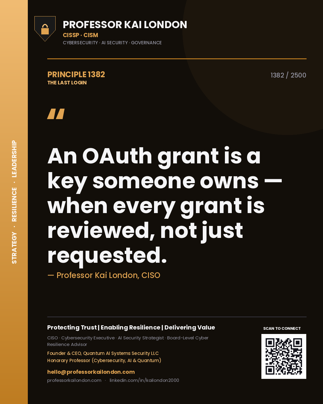 Professor Kai London principle 1382: An OAuth grant is a key someone owns — when every grant is reviewed, not just requested.