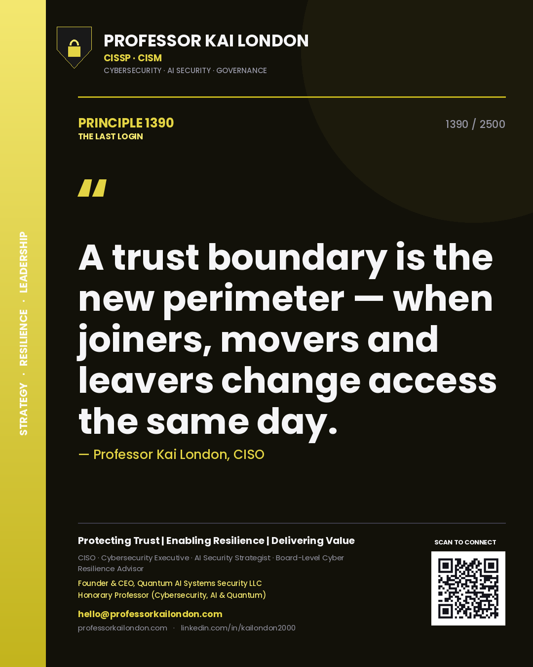 Professor Kai London principle 1390: A trust boundary is the new perimeter — when joiners, movers and leavers change access the same day.