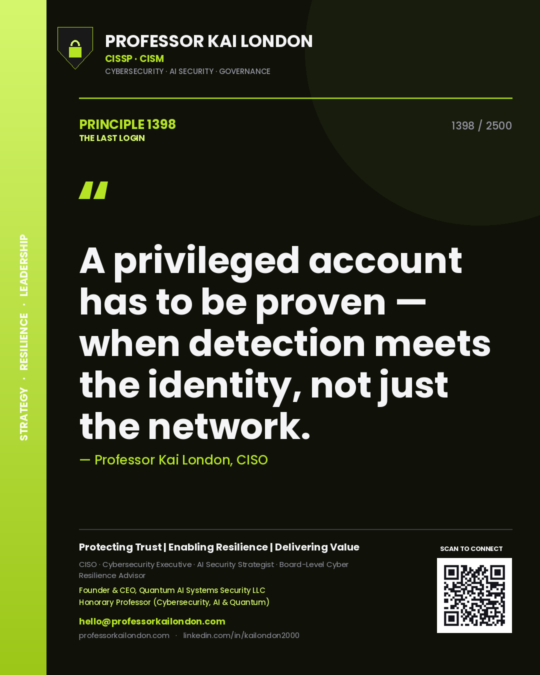 Professor Kai London principle 1398: A privileged account has to be proven — when detection meets the identity, not just the network.