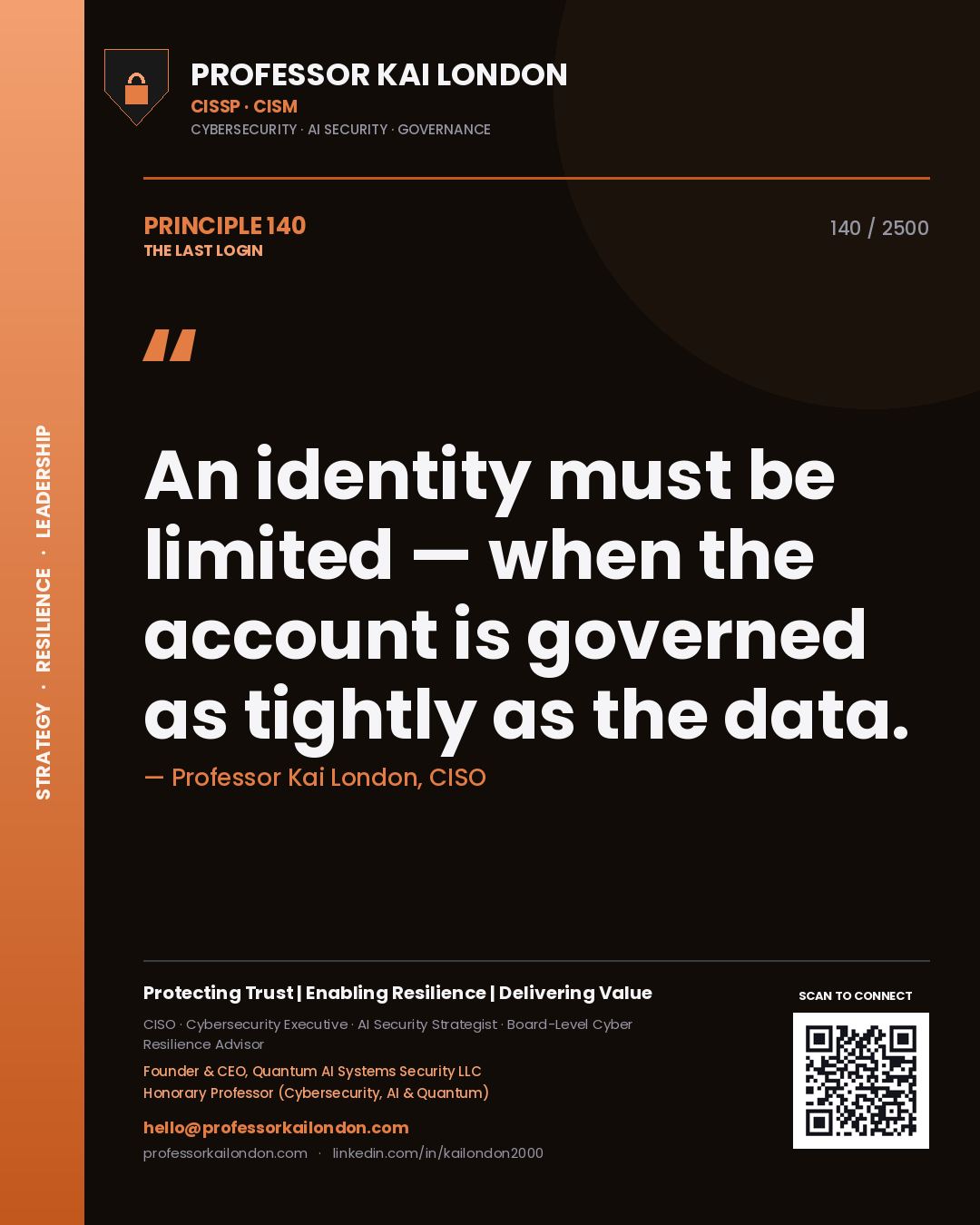 Professor Kai London principle 140: An identity must be limited — when the account is governed as tightly as the data.