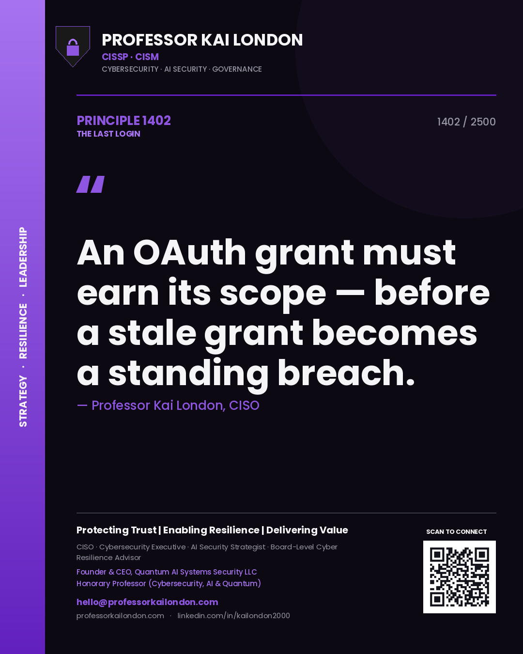 Professor Kai London principle 1402: An OAuth grant must earn its scope — before a stale grant becomes a standing breach.