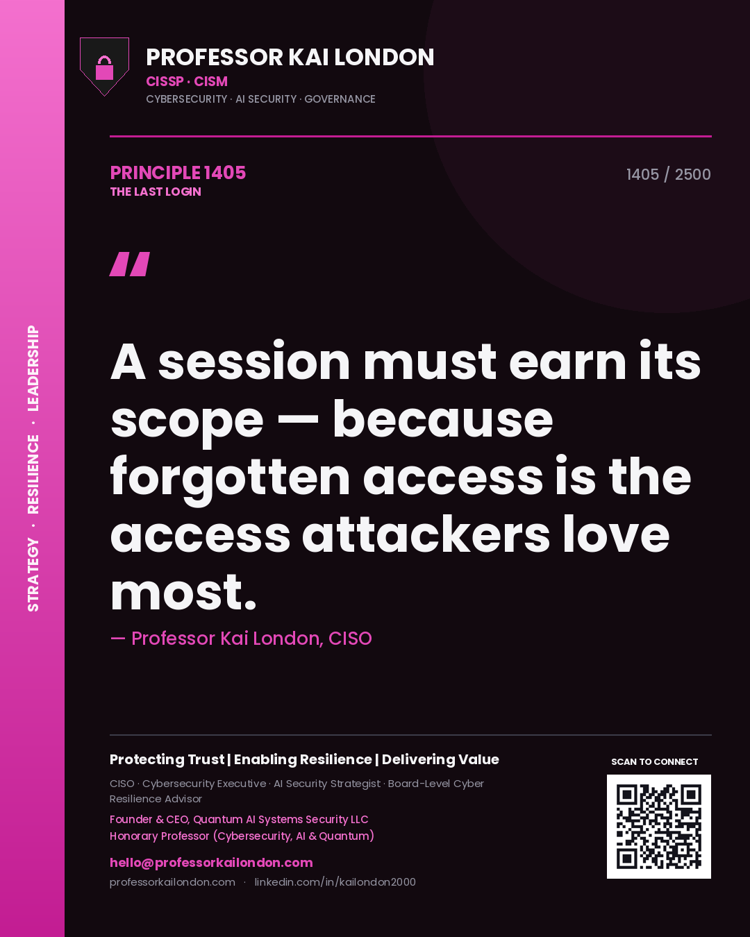 Professor Kai London principle 1405: A session must earn its scope — because forgotten access is the access attackers love most.