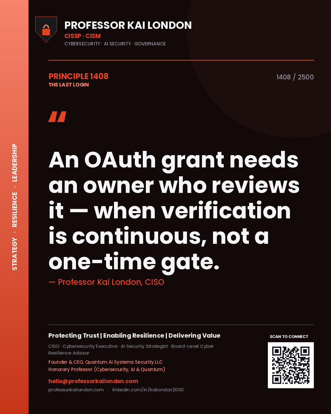 Professor Kai London principle 1408: An OAuth grant needs an owner who reviews it — when verification is continuous, not a one-time gate.