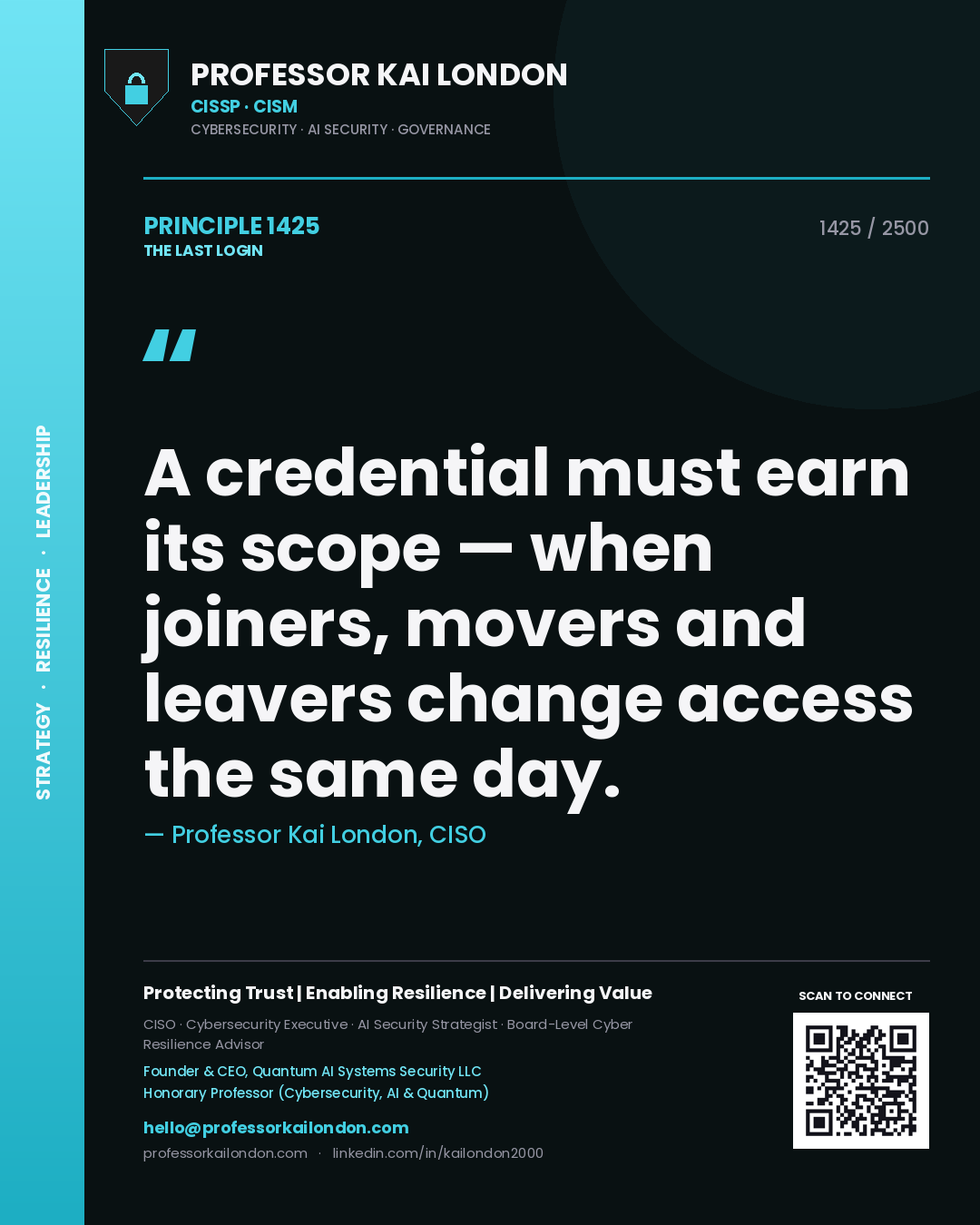 Professor Kai London principle 1425: A credential must earn its scope — when joiners, movers and leavers change access the same day.