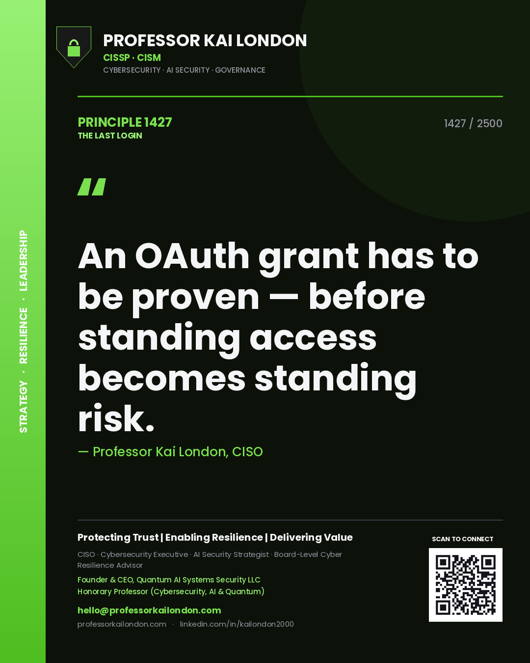 Professor Kai London principle 1427: An OAuth grant has to be proven — before standing access becomes standing risk.