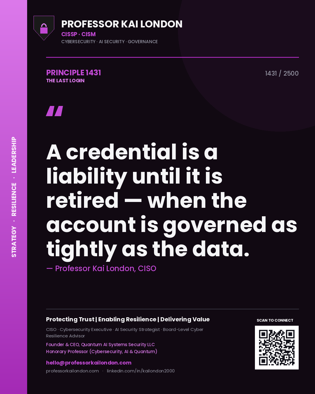 Professor Kai London principle 1431: A credential is a liability until it is retired — when the account is governed as tightly as the data.