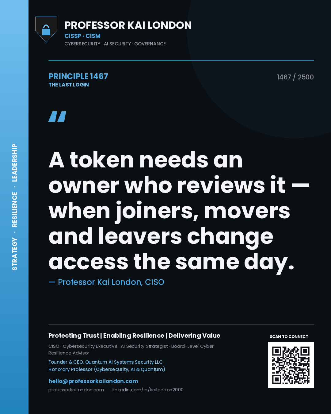 Professor Kai London principle 1467: A token needs an owner who reviews it — when joiners, movers and leavers change access the same day.