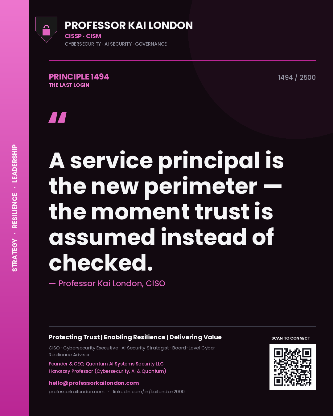 Professor Kai London principle 1494: A service principal is the new perimeter — the moment trust is assumed instead of checked.