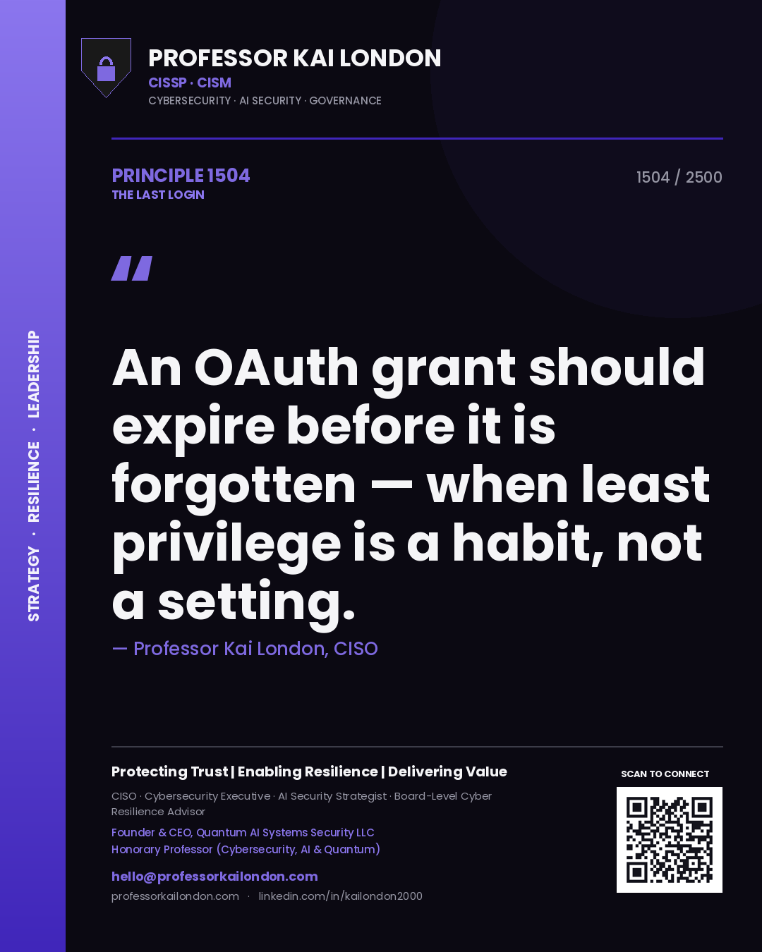 Professor Kai London principle 1504: An OAuth grant should expire before it is forgotten — when least privilege is a habit, not a setting.