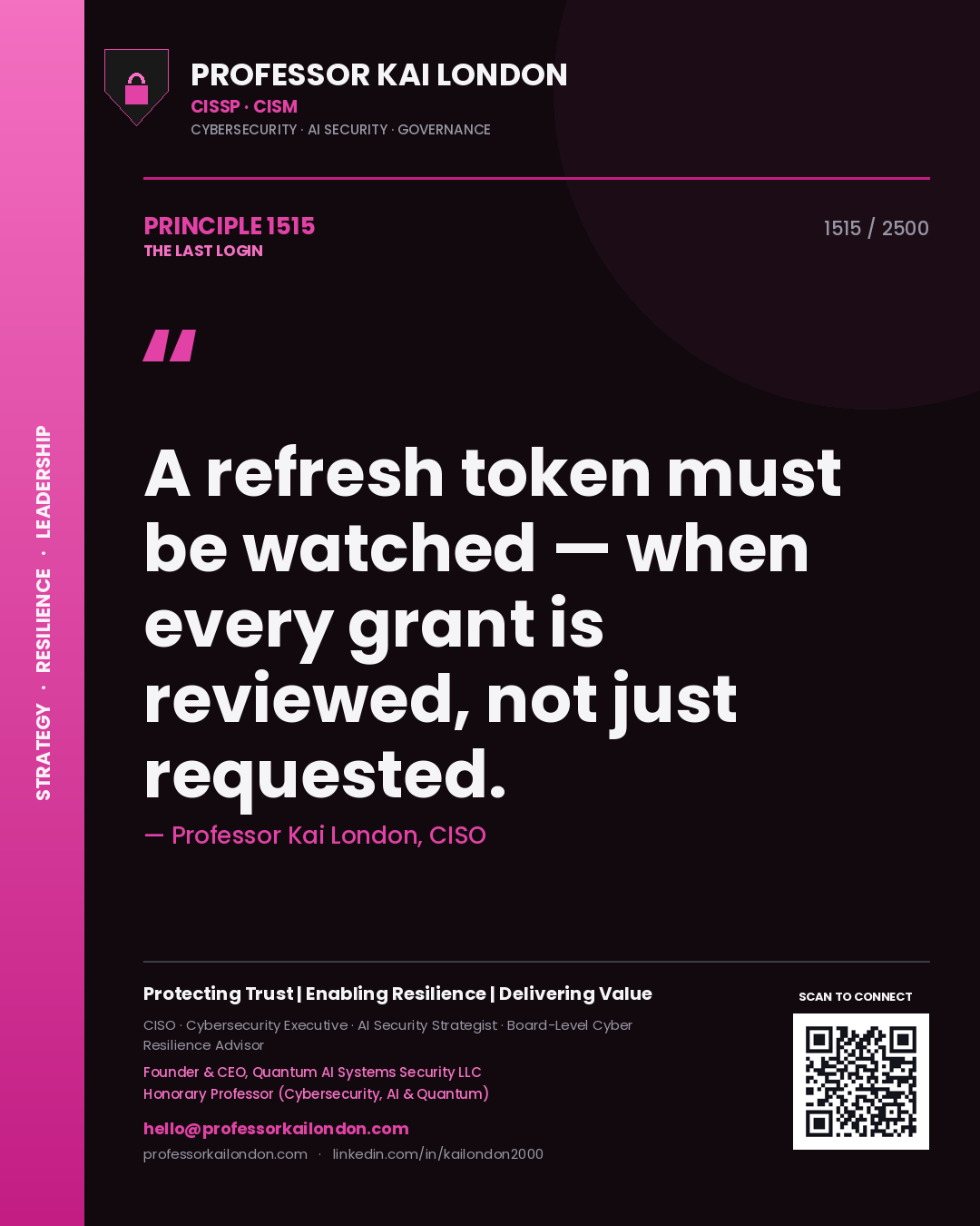 Professor Kai London principle 1515: A refresh token must be watched — when every grant is reviewed, not just requested.