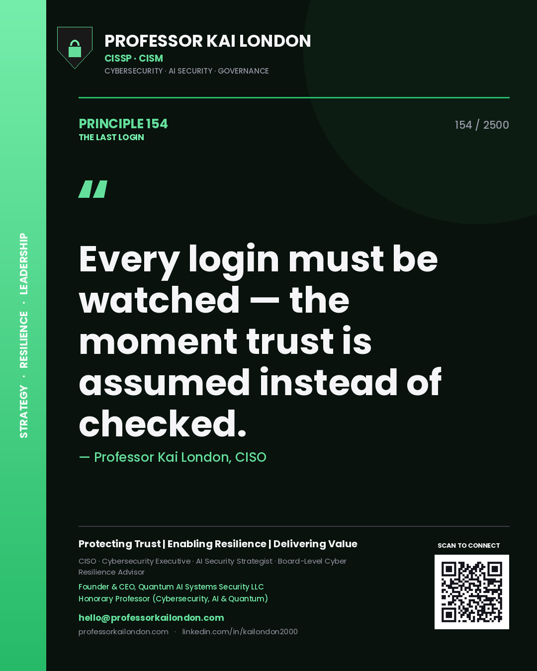 Professor Kai London principle 154: Every login must be watched — the moment trust is assumed instead of checked.