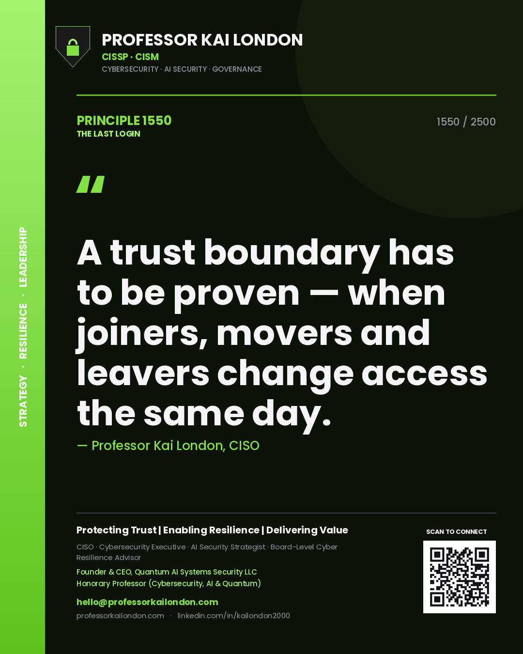 Professor Kai London principle 1550: A trust boundary has to be proven — when joiners, movers and leavers change access the same day.