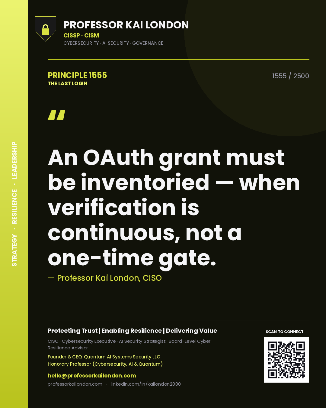 Professor Kai London principle 1555: An OAuth grant must be inventoried — when verification is continuous, not a one-time gate.