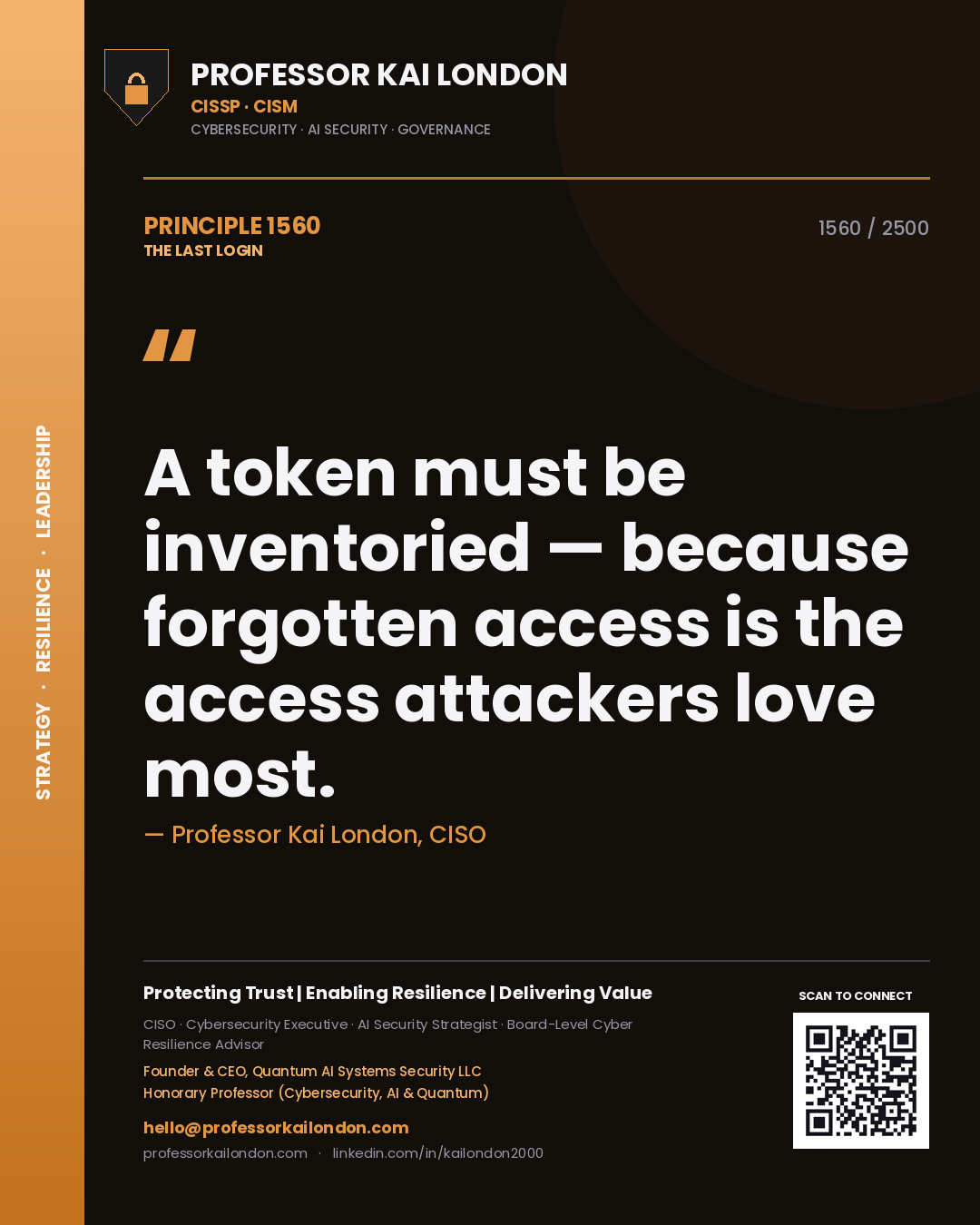 Professor Kai London principle 1560: A token must be inventoried — because forgotten access is the access attackers love most.
