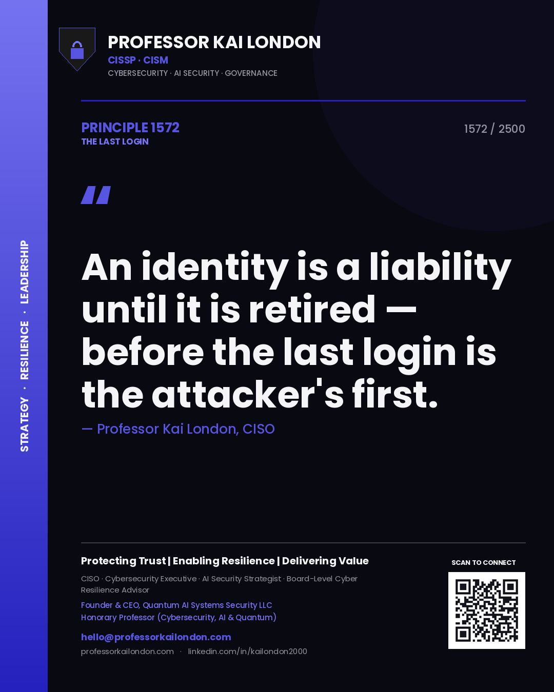Professor Kai London principle 1572: An identity is a liability until it is retired — before the last login is the attacker's first.