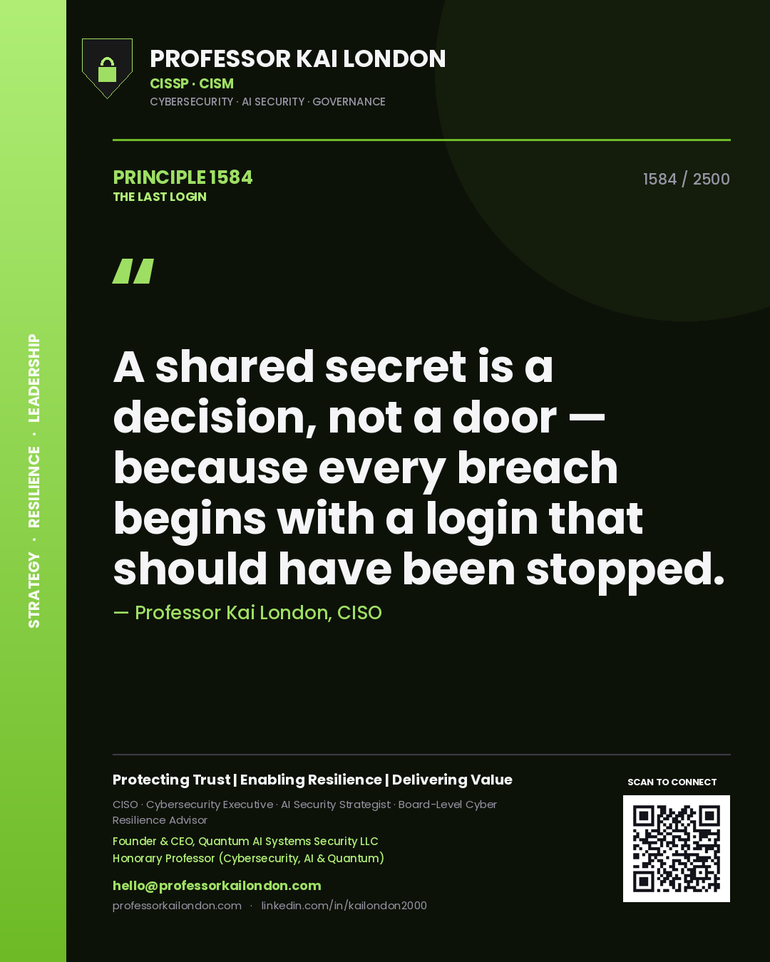 Professor Kai London principle 1584: A shared secret is a decision, not a door — because every breach begins with a login that should have been stopped.