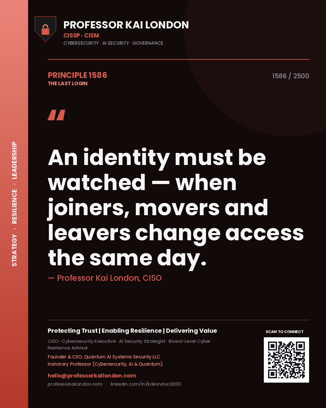 Professor Kai London principle 1586: An identity must be watched — when joiners, movers and leavers change access the same day.