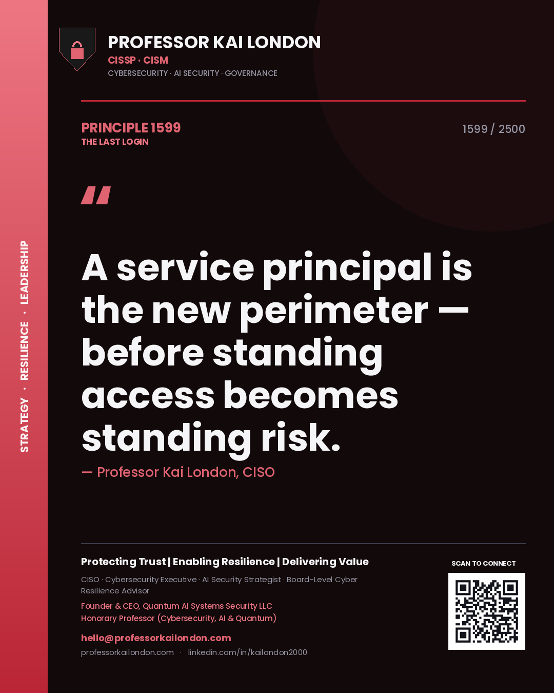 Professor Kai London principle 1599: A service principal is the new perimeter — before standing access becomes standing risk.