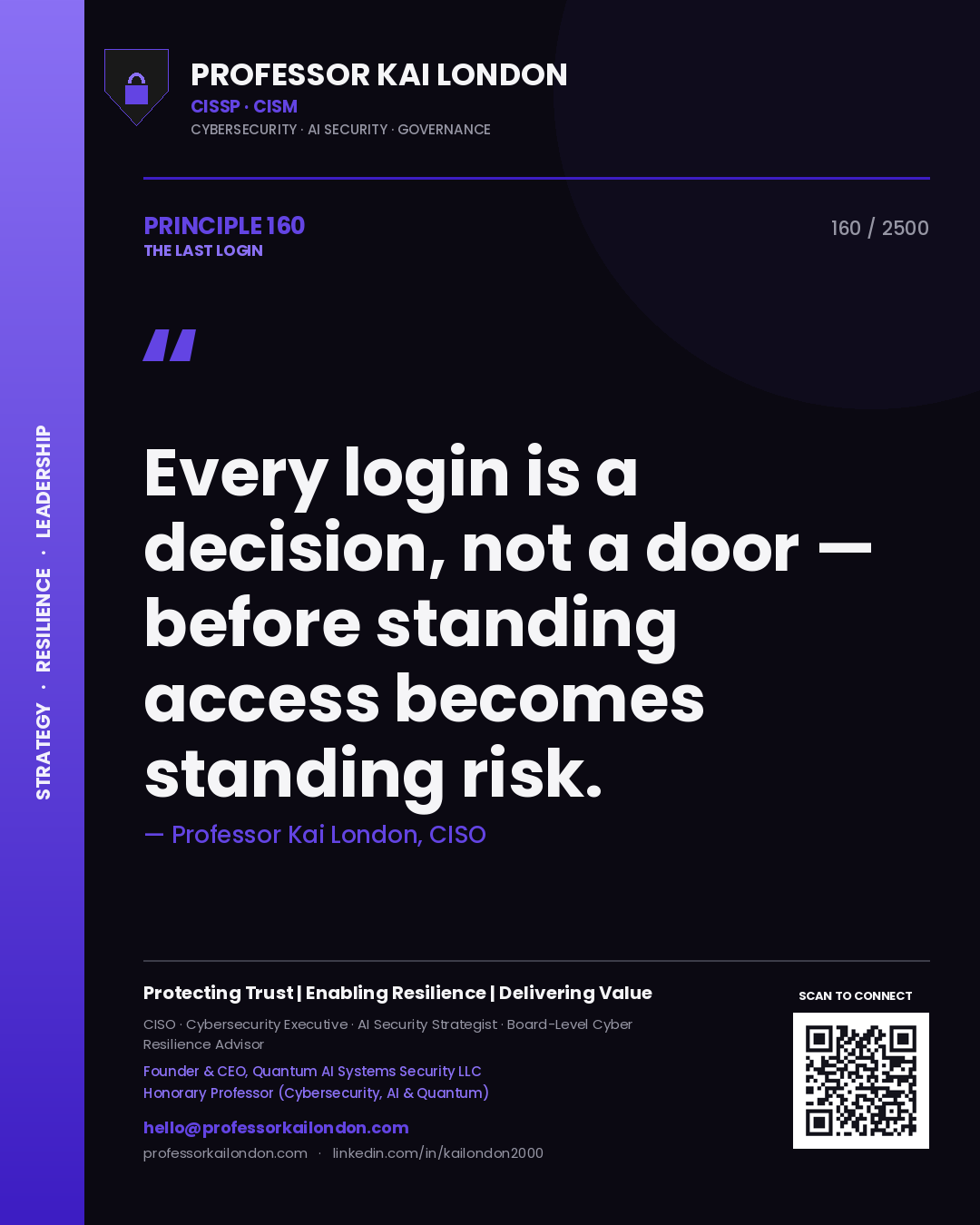 Professor Kai London principle 160: Every login is a decision, not a door — before standing access becomes standing risk.