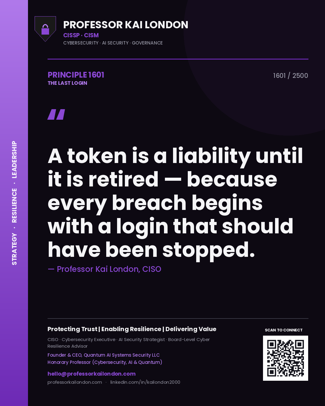 Professor Kai London principle 1601: A token is a liability until it is retired — because every breach begins with a login that should have been stopped.
