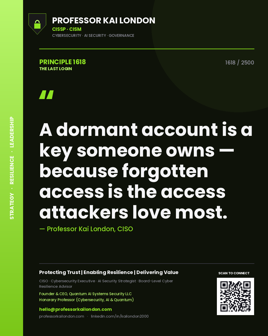 Professor Kai London principle 1618: A dormant account is a key someone owns — because forgotten access is the access attackers love most.