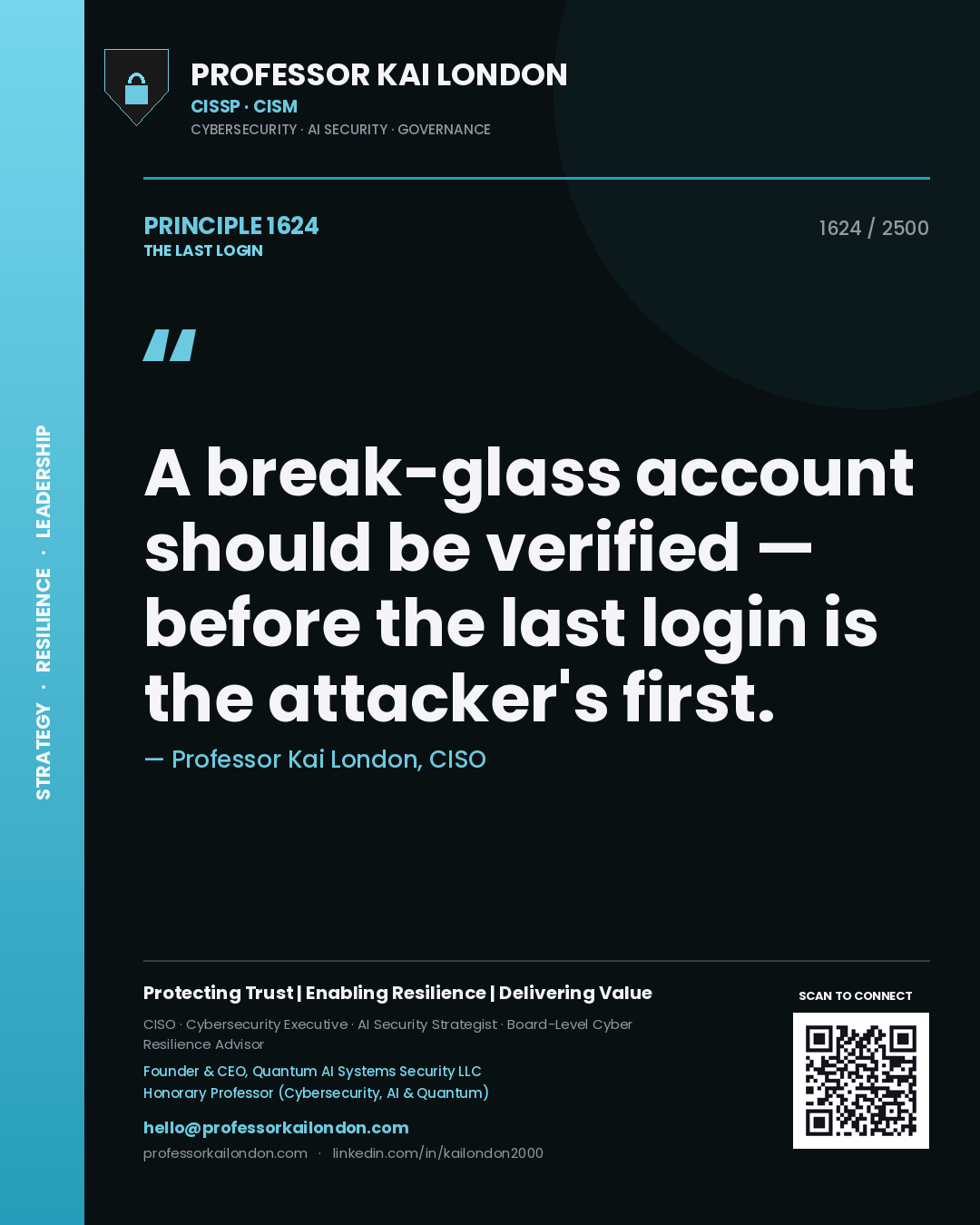 Professor Kai London principle 1624: A break-glass account should be verified — before the last login is the attacker's first.