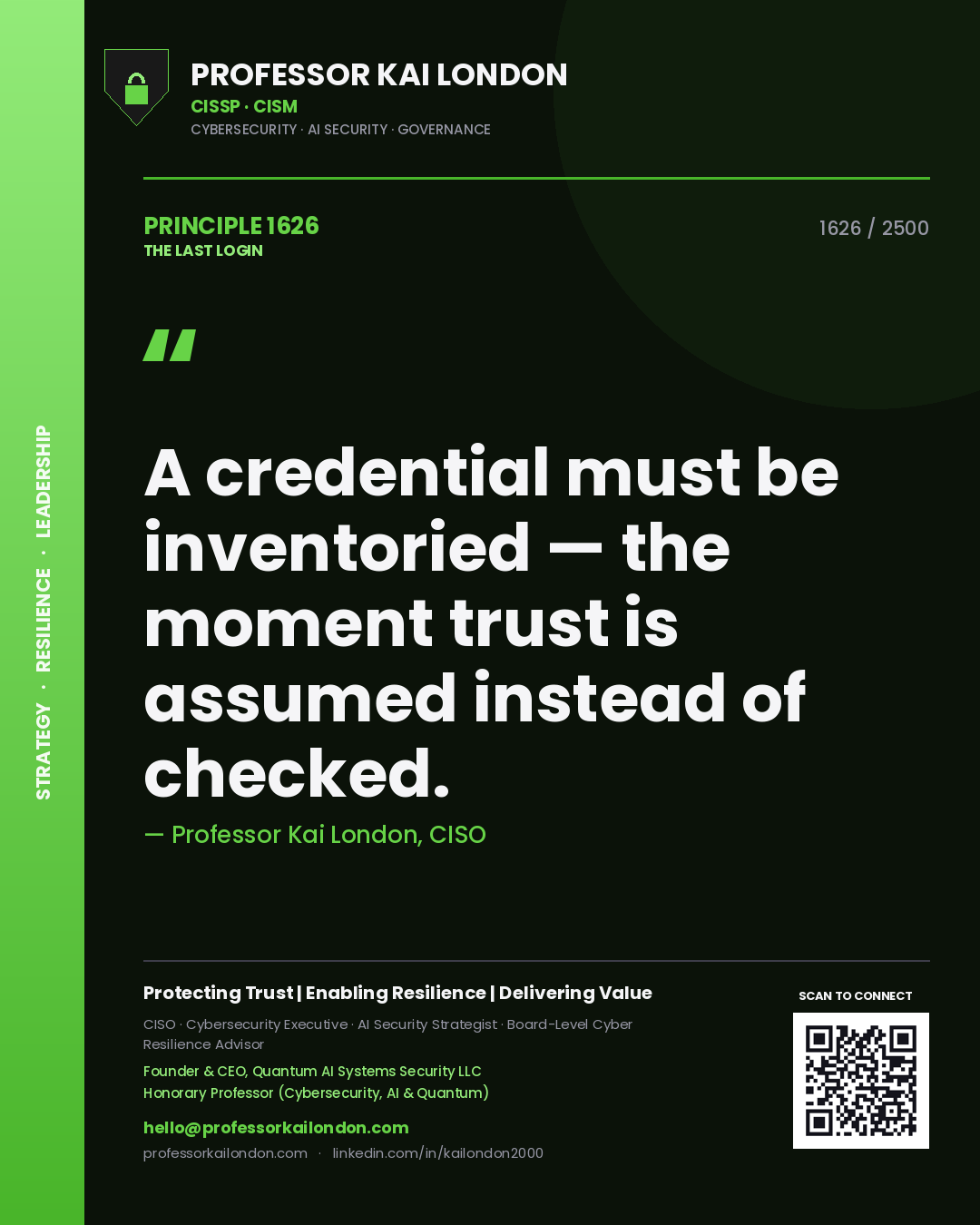 Professor Kai London principle 1626: A credential must be inventoried — the moment trust is assumed instead of checked.