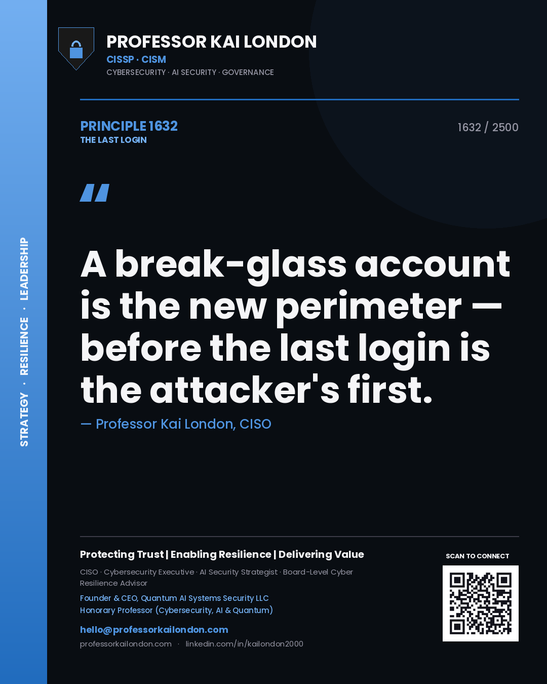 Professor Kai London principle 1632: A break-glass account is the new perimeter — before the last login is the attacker's first.