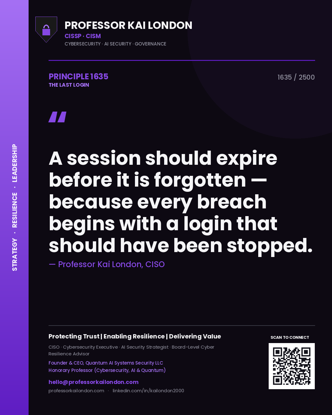Professor Kai London principle 1635: A session should expire before it is forgotten — because every breach begins with a login that should have been stopped.