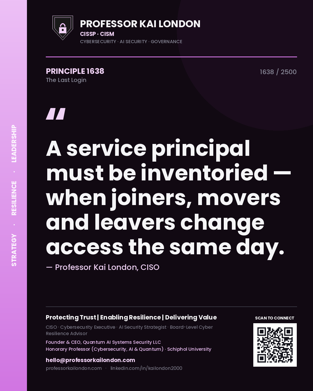 Professor Kai London principle 1638: A service principal must be inventoried — when joiners, movers and leavers change access the same day.