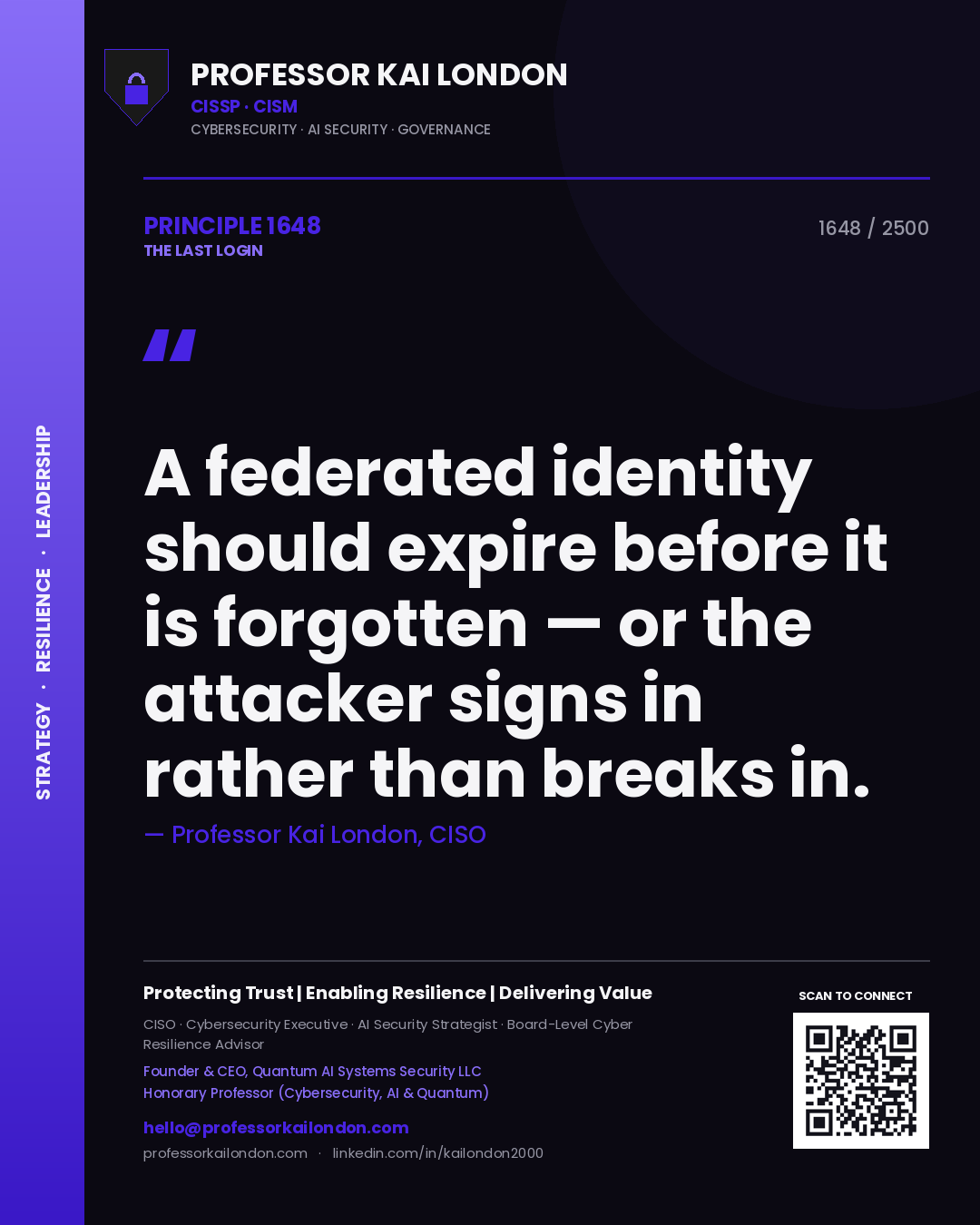 Professor Kai London principle 1648: A federated identity should expire before it is forgotten — or the attacker signs in rather than breaks in.