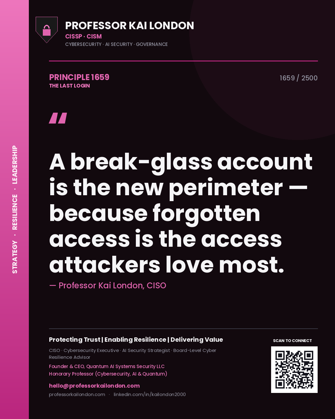 Professor Kai London principle 1659: A break-glass account is the new perimeter — because forgotten access is the access attackers love most.