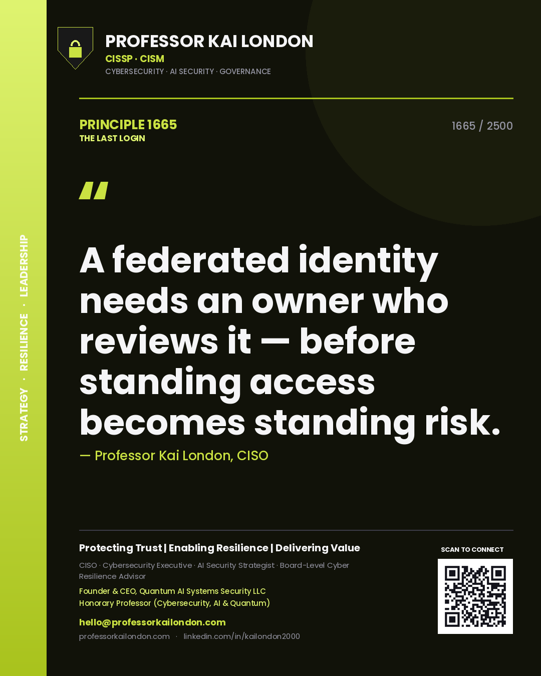 Professor Kai London principle 1665: A federated identity needs an owner who reviews it — before standing access becomes standing risk.