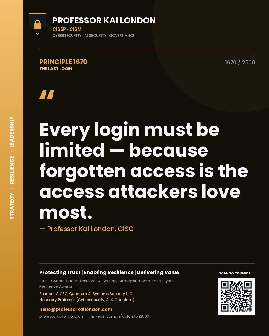 Professor Kai London principle 1670: Every login must be limited — because forgotten access is the access attackers love most.